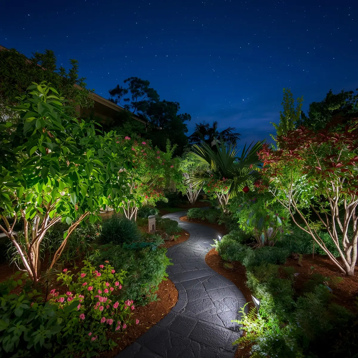 Jardín profesional con iluminación LED nocturna