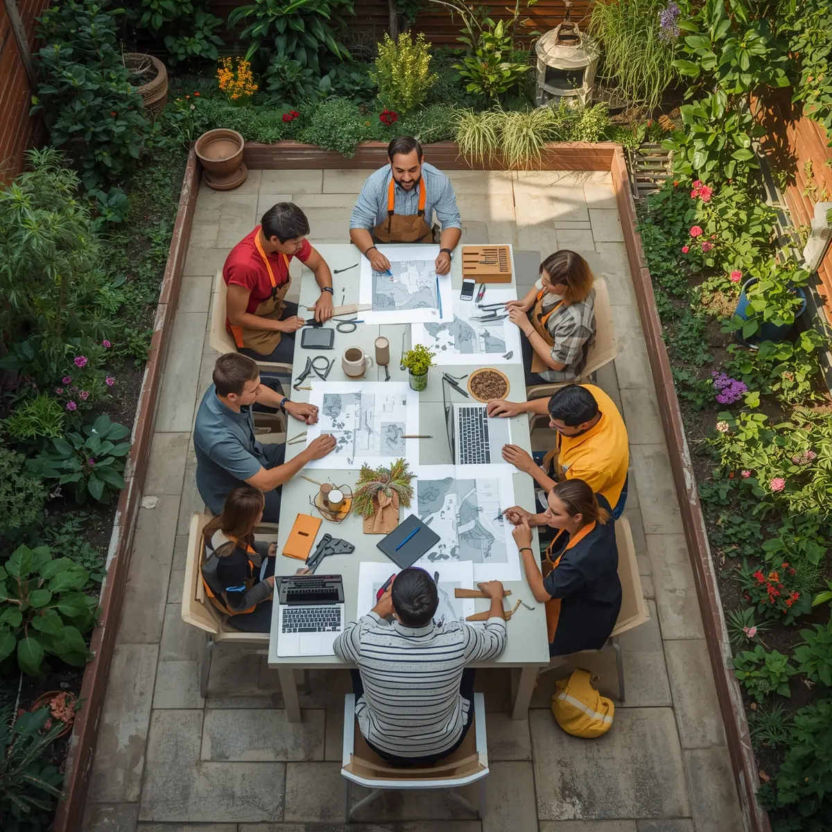 Equipo profesional trabajando en diseño de jardín